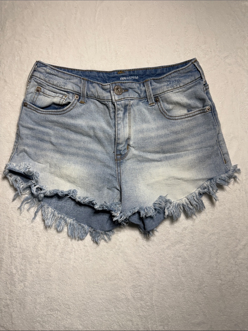 INC International Concepts Light Wash Frayed Hem Denim Shorts